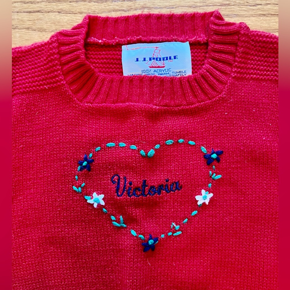 Vintage 1980s Red 100% Acrylic Sweater - Size 5-6 Embroidered “Victoria” + Hat